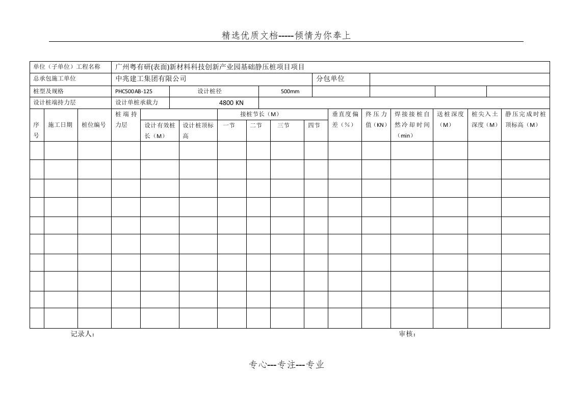 静压预应力管桩监理记录表(共1页)