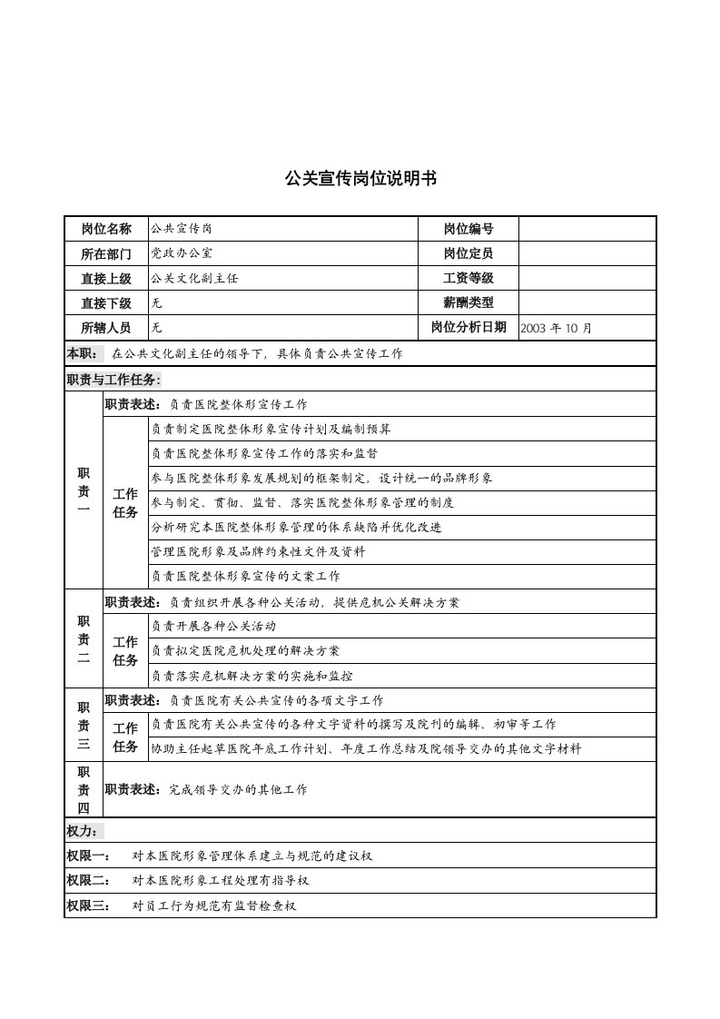 湖北新华医院党政办公室公关宣传岗位说明书