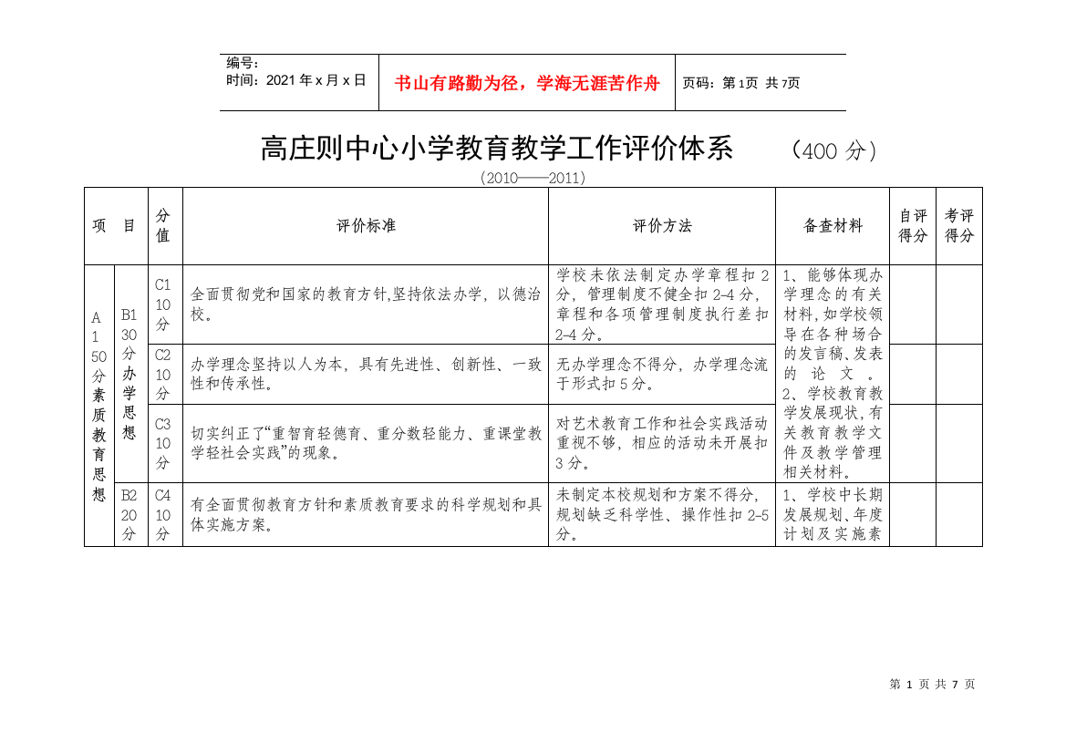 小学教育教学工作评价标准表