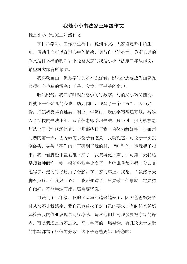 我是小小书法家三年级作文