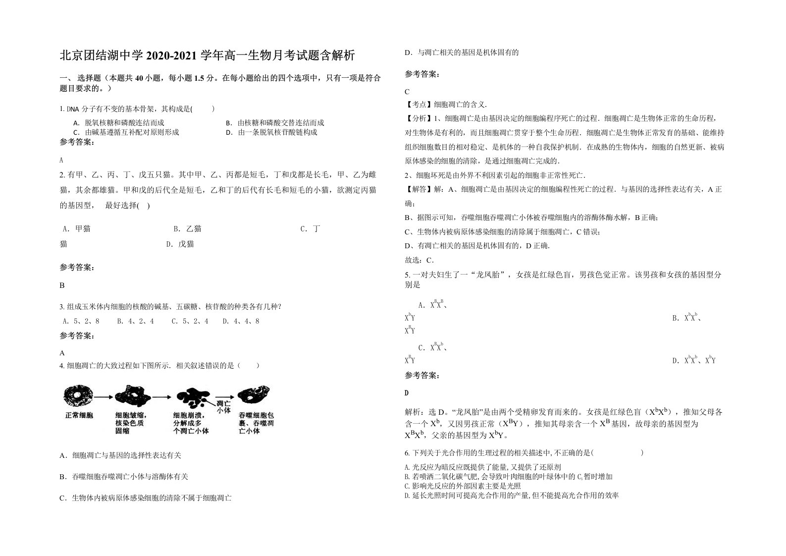 北京团结湖中学2020-2021学年高一生物月考试题含解析