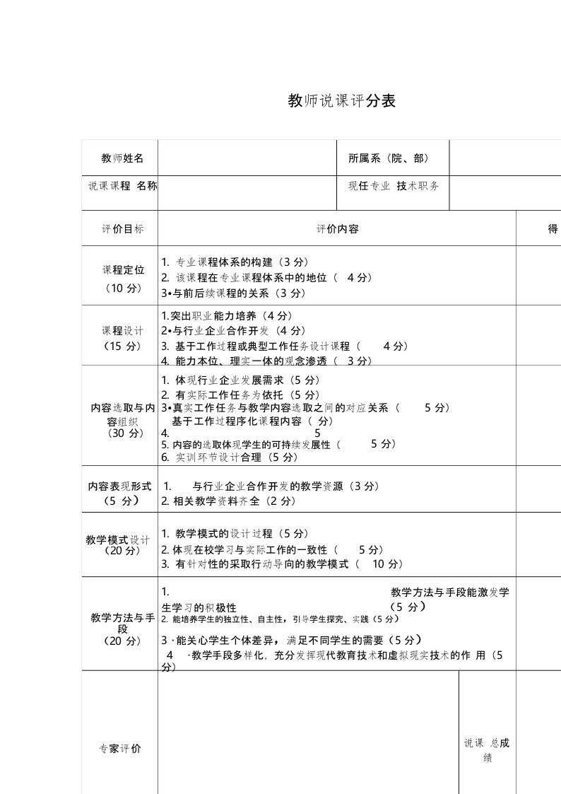 (完整版)教师说课评分表