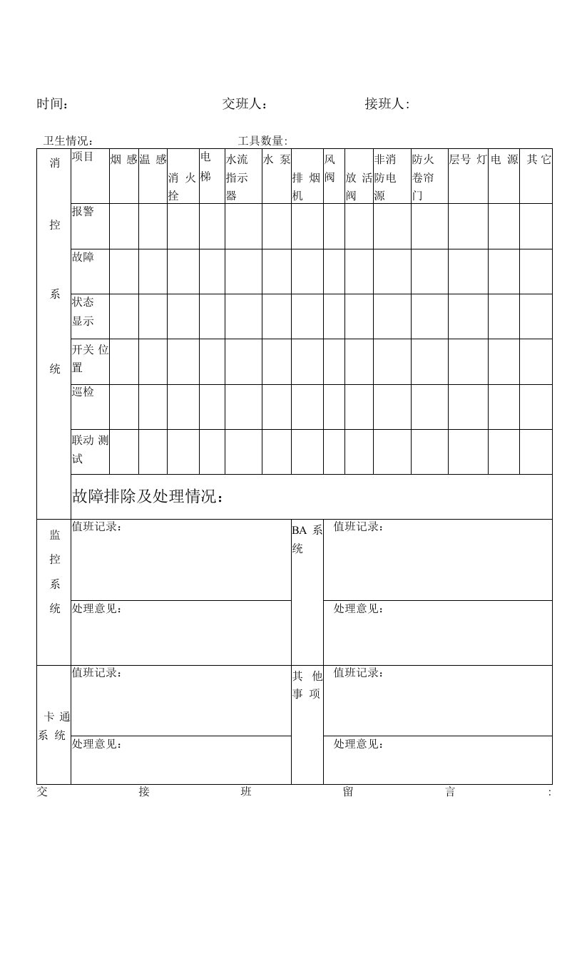 物业体系中控室值班记录表