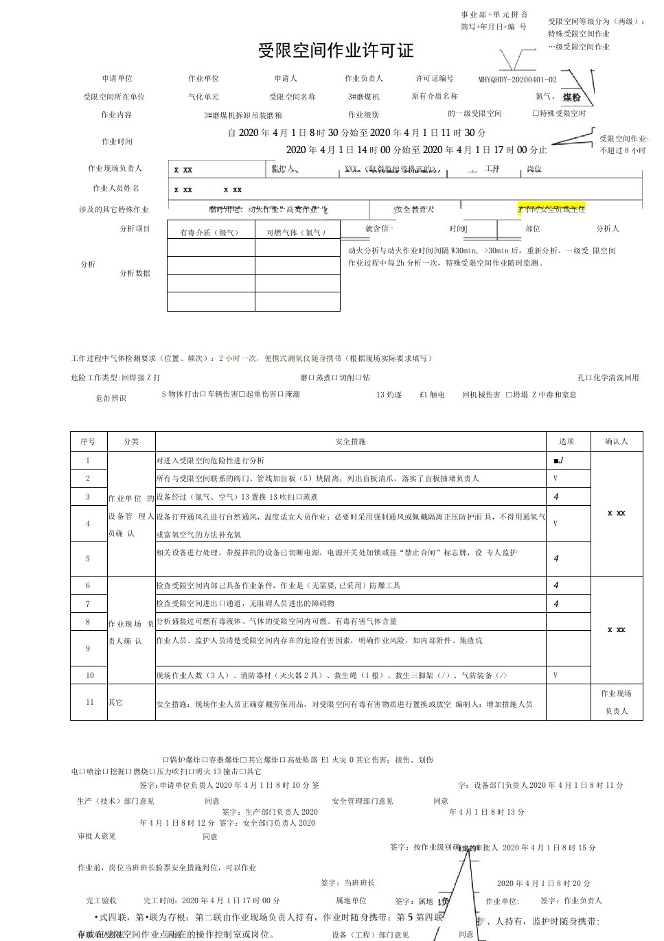 受限空间作业许可证样板