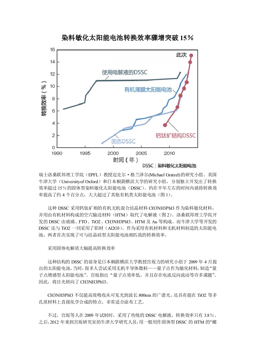 染料敏化太阳能电池转换效率骤增突破15