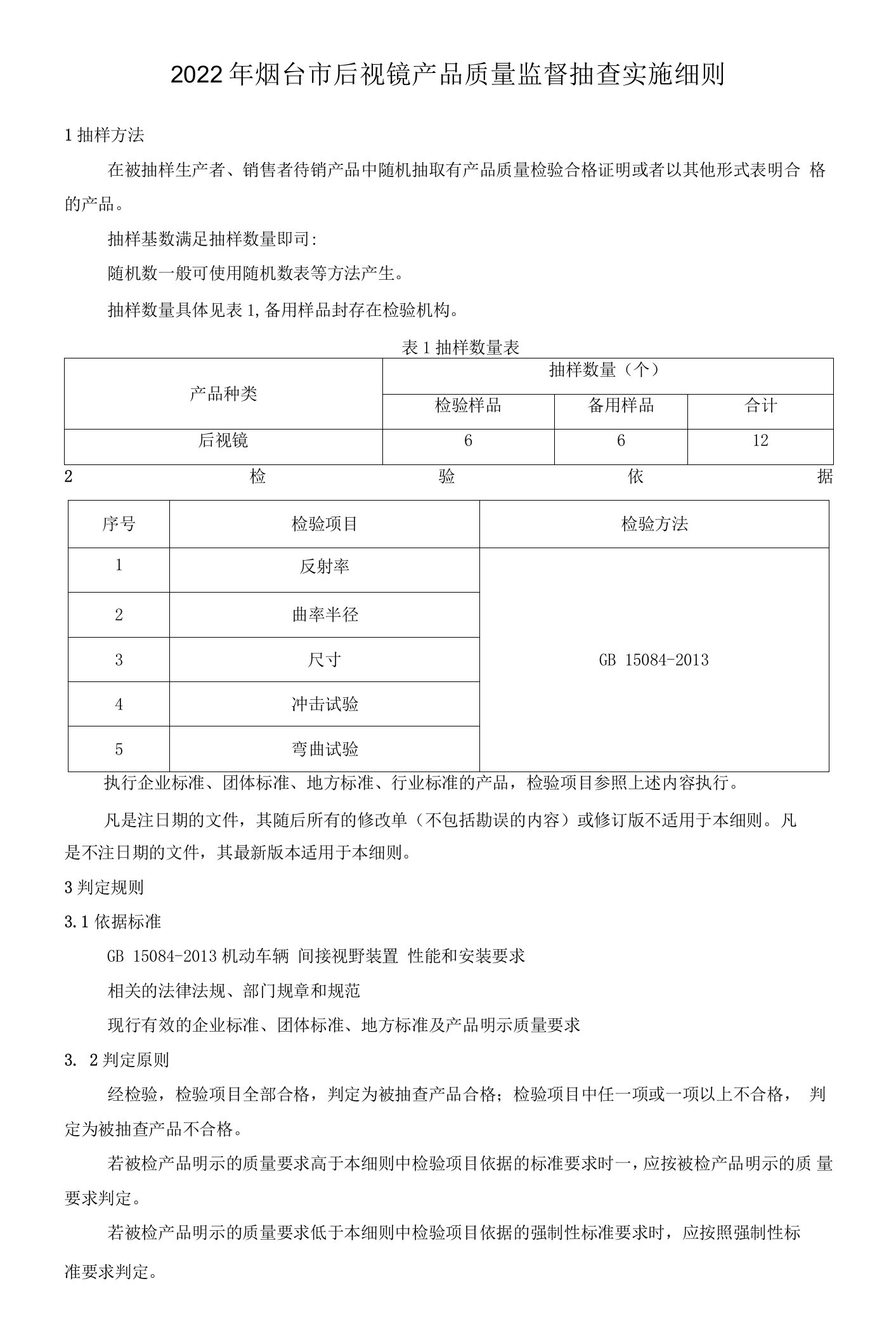 2022年烟台市后视镜产品质量监督抽查实施细则