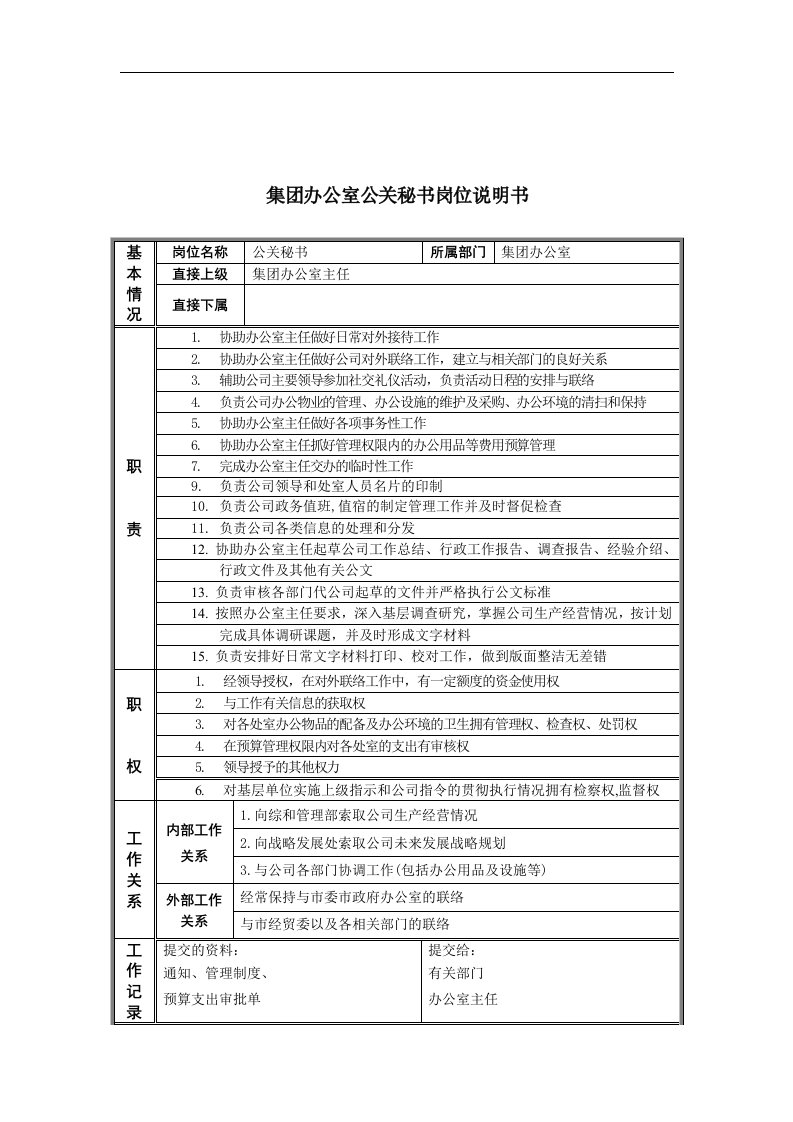 恒丰纸业集团办公室公关秘书岗位说明书