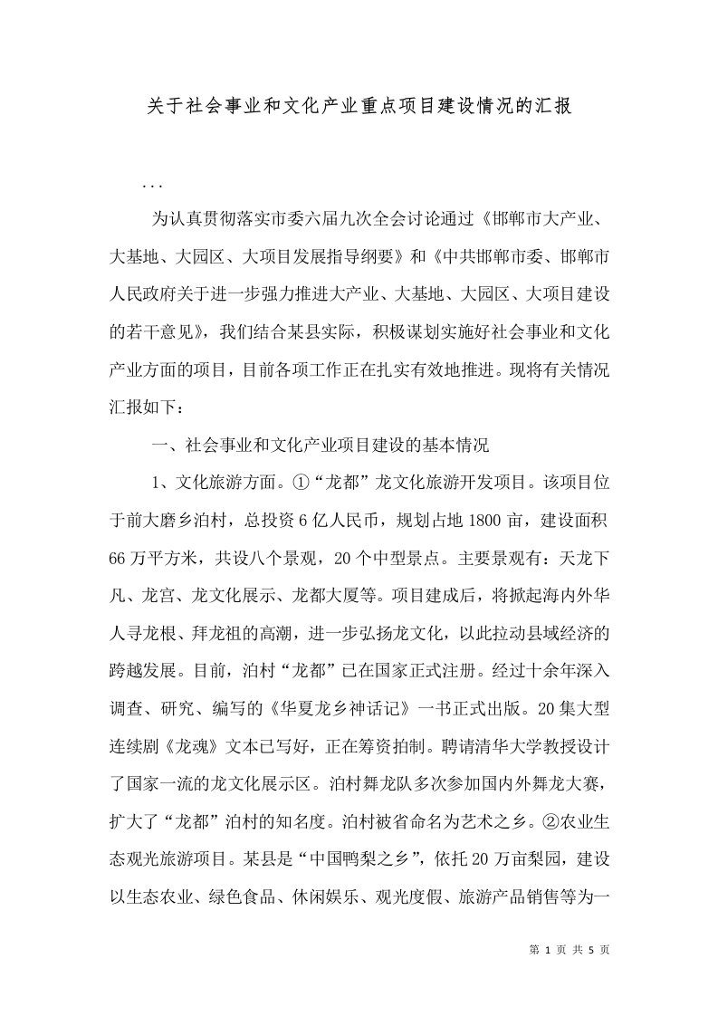 关于社会事业和文化产业重点项目建设情况的汇报（五）