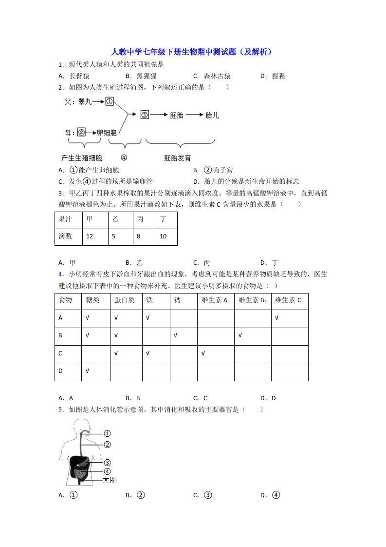 人教中学七年级下册生物期中测试题(及解析)