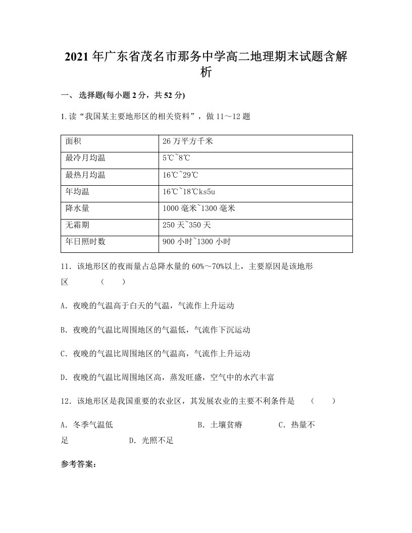 2021年广东省茂名市那务中学高二地理期末试题含解析