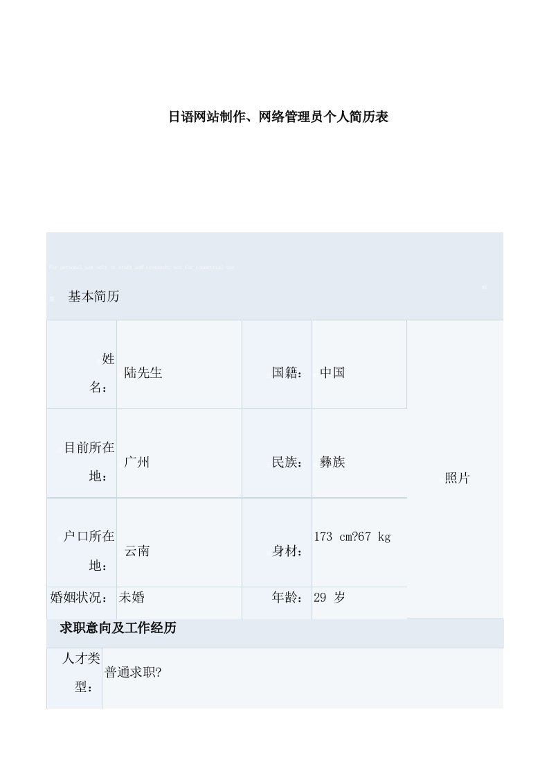 日语网站制作网络管理体系员个人简历表格