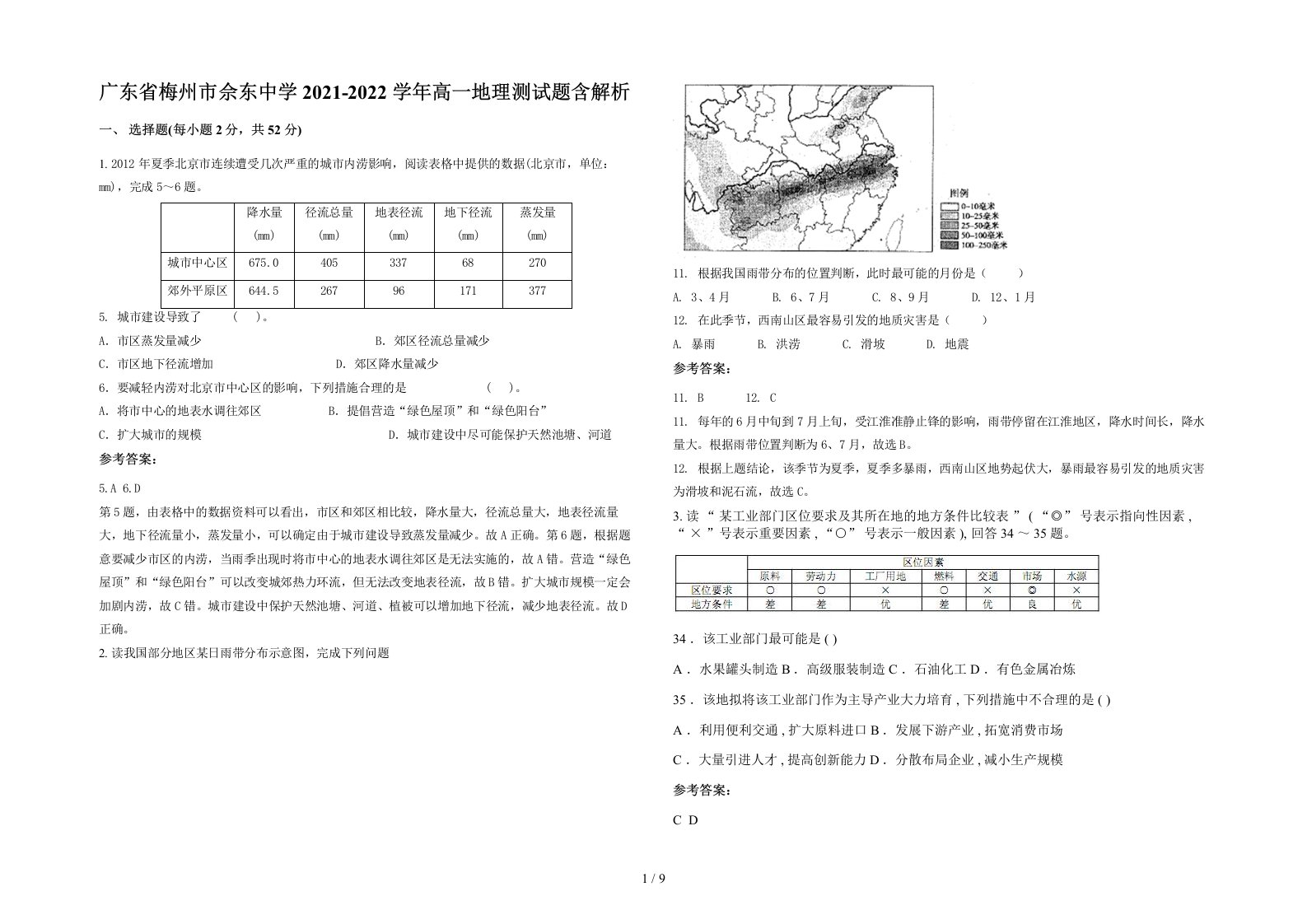 广东省梅州市佘东中学2021-2022学年高一地理测试题含解析