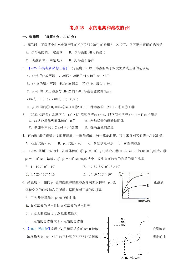 山西省忻州市第一中学2022届高三化学一轮复习考点26水的电离和溶液的pH值测标题