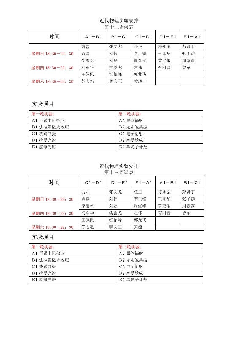 近代物理实验安排