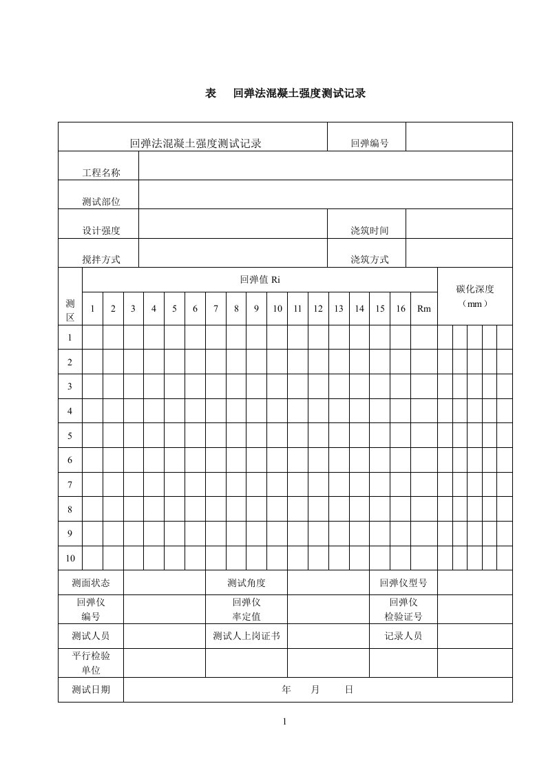 混凝土回弹强度记录表格