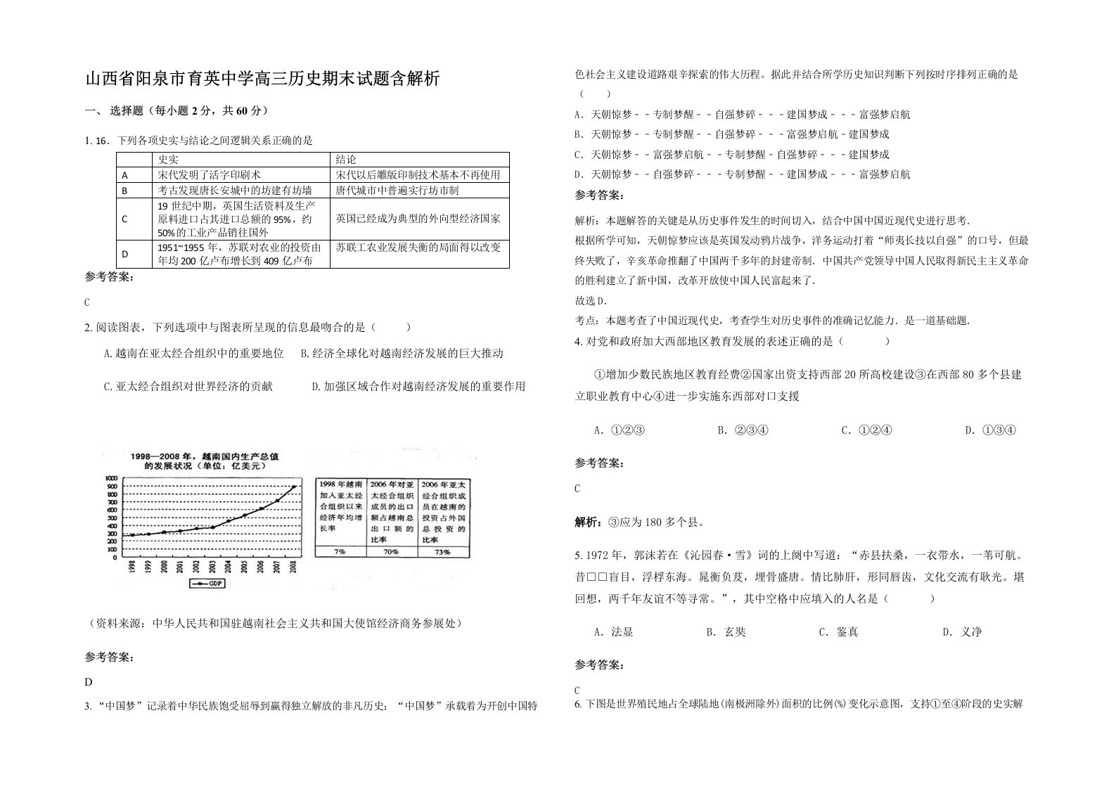 山西省阳泉市育英中学高三历史期末试题含解析