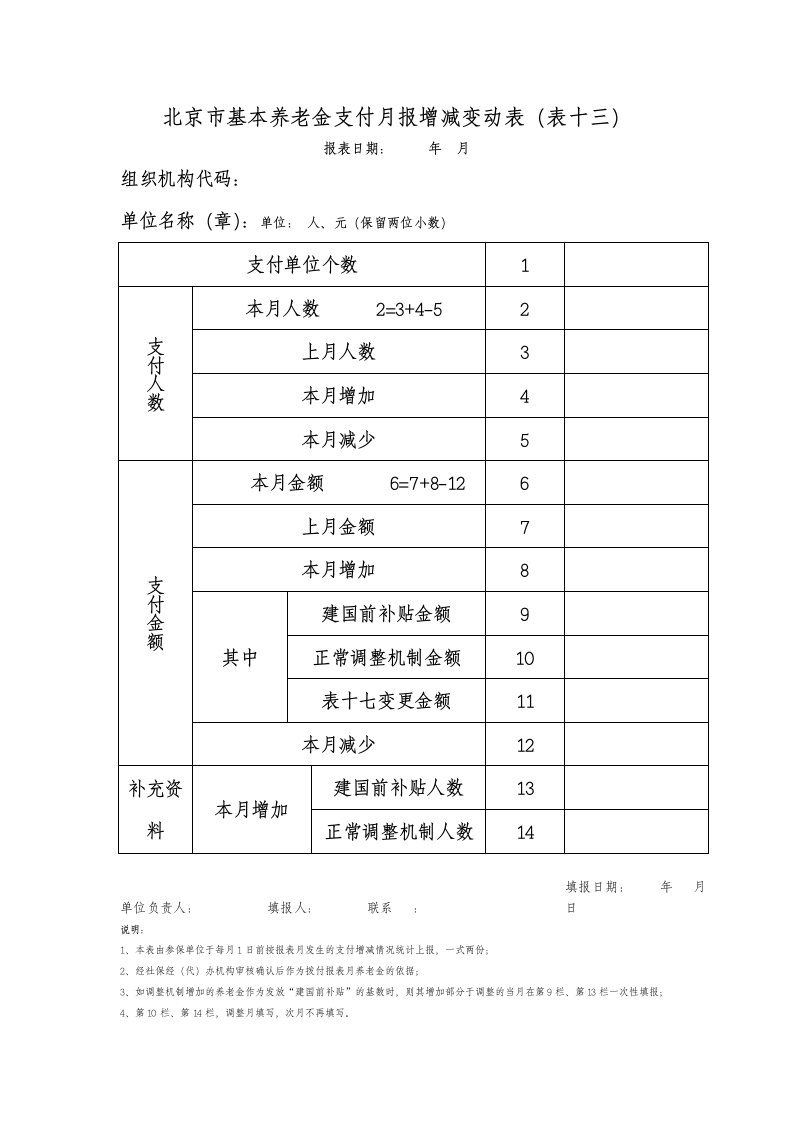 北oij京市基本养老金支付月报增减变动表(表十三)