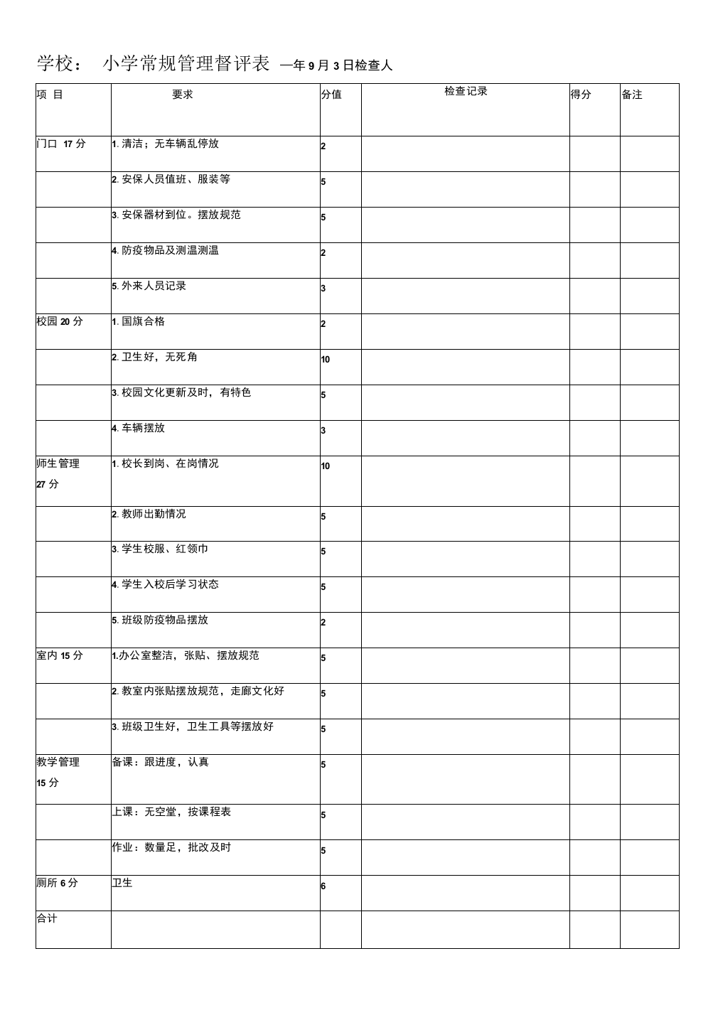小学常规管理督导检查评分表