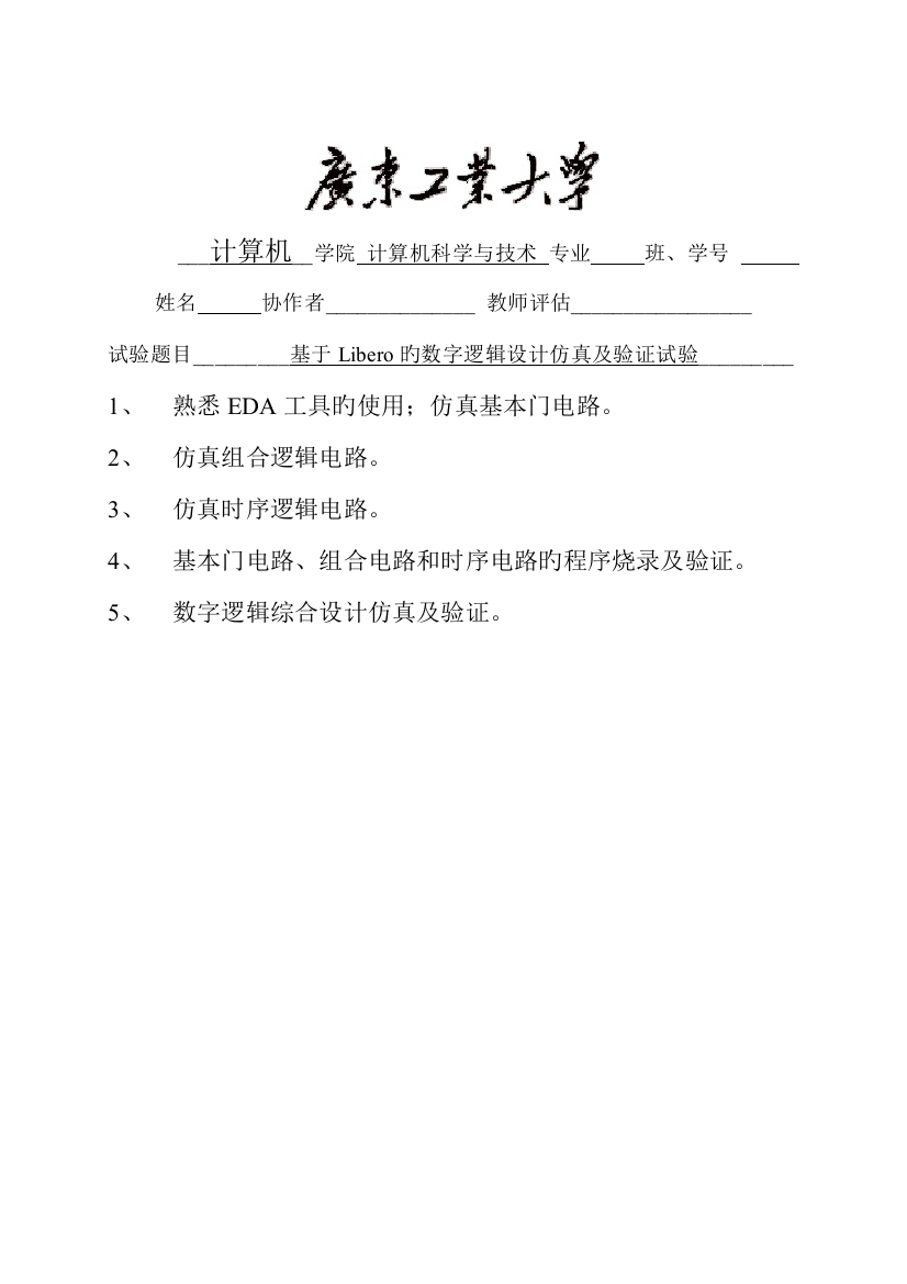 2023年基于Libero的数字逻辑设计仿真及验证实验报告