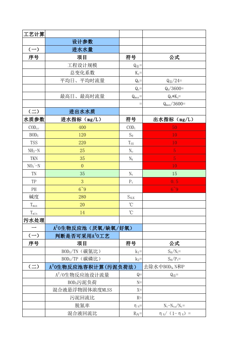 A2O生物池(厌氧缺氧好氧)计算书