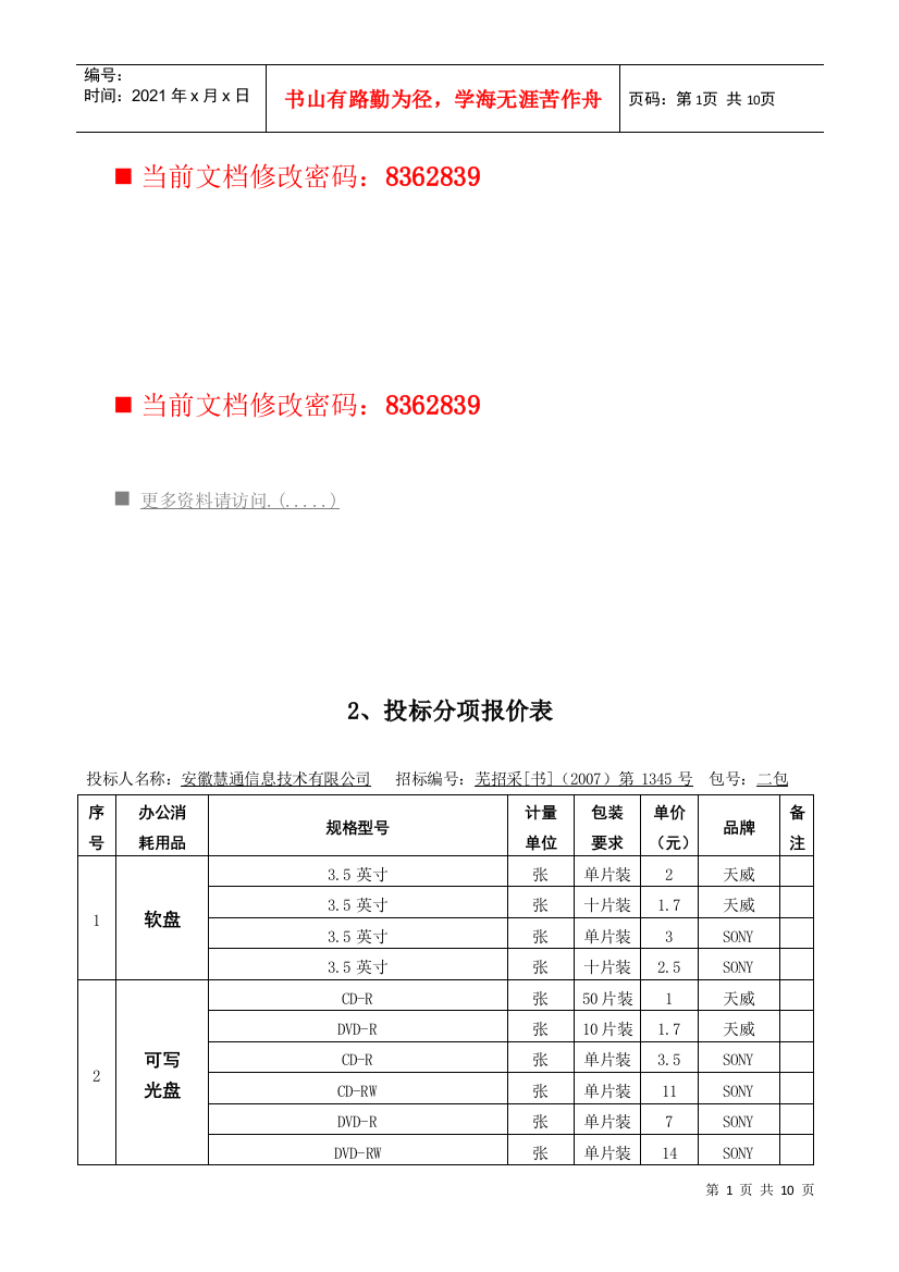 项目投标分项报价单