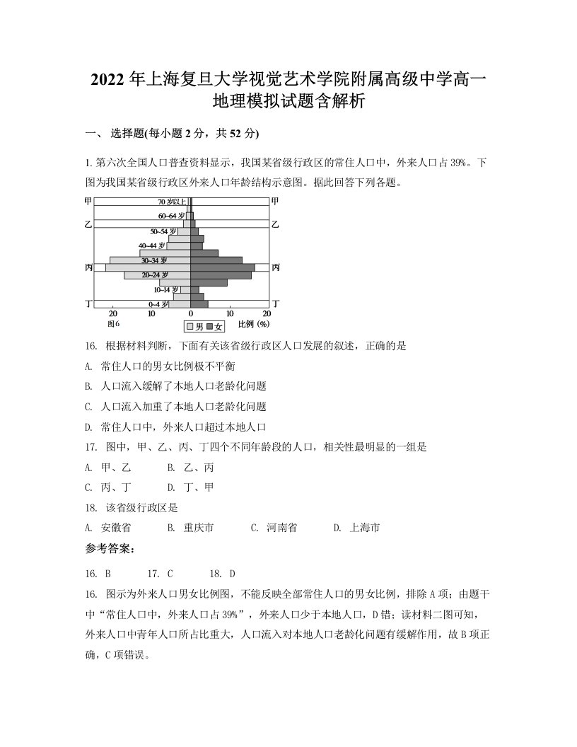 2022年上海复旦大学视觉艺术学院附属高级中学高一地理模拟试题含解析