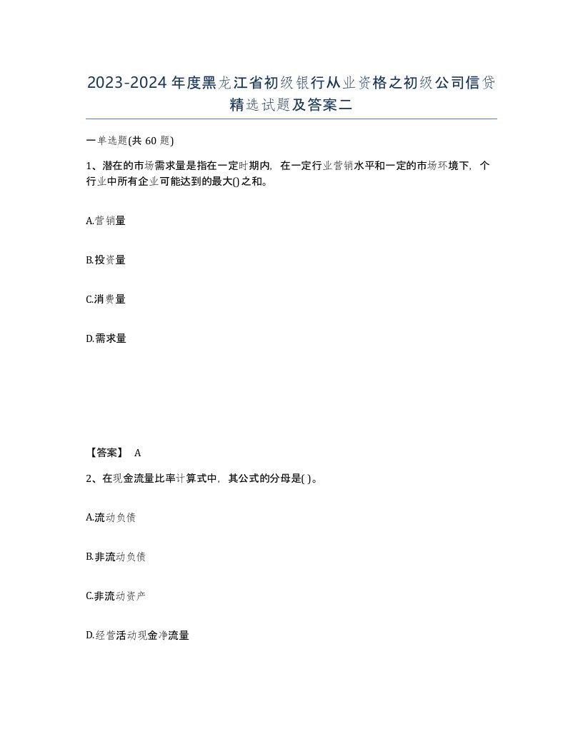 2023-2024年度黑龙江省初级银行从业资格之初级公司信贷试题及答案二