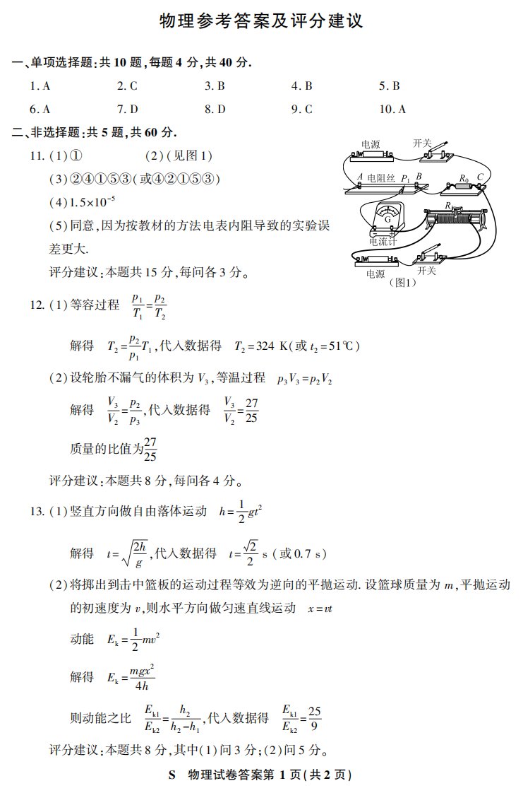 江苏省2021届高三物理下学期4月第二次适应性考试试题参考答案