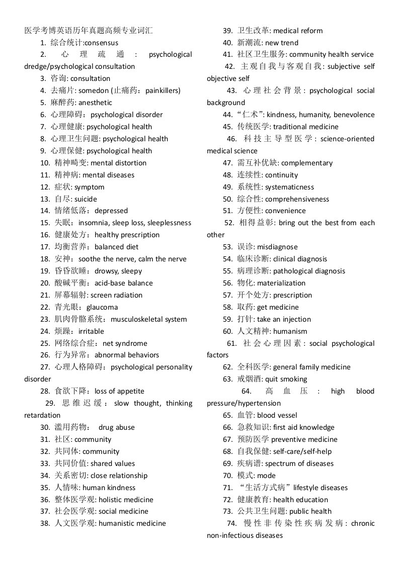 医学考博英语历年真题高频专业词汇