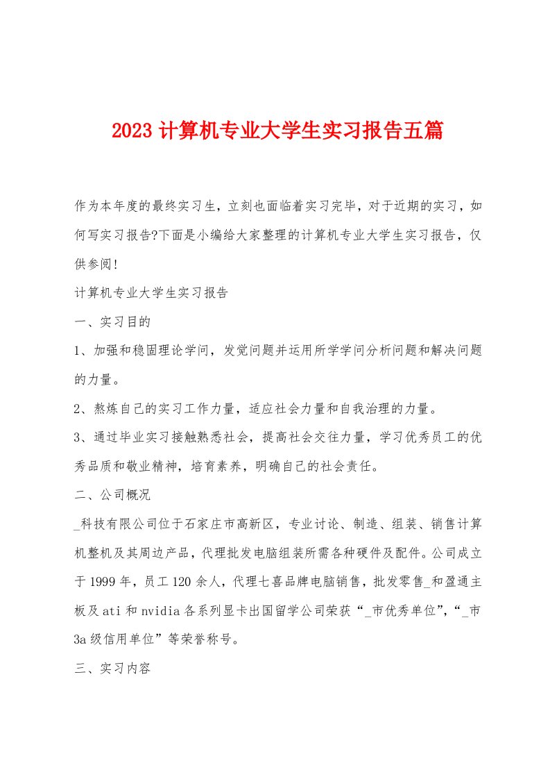 2023计算机专业大学生实习报告五篇