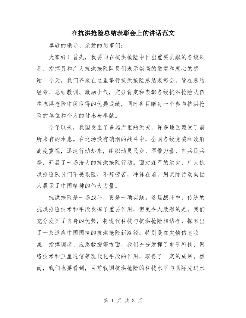 在抗洪抢险总结表彰会上的讲话范文