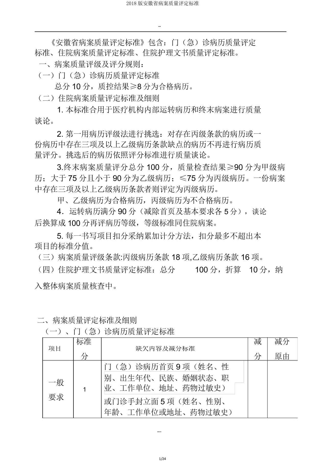 2018版安徽省病案质量评定标准