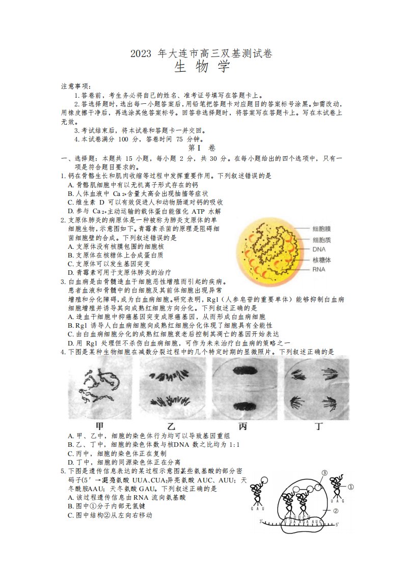 辽宁省大连市2022-2023学年高三上学期12月期末双基测试生物试题(含答案)