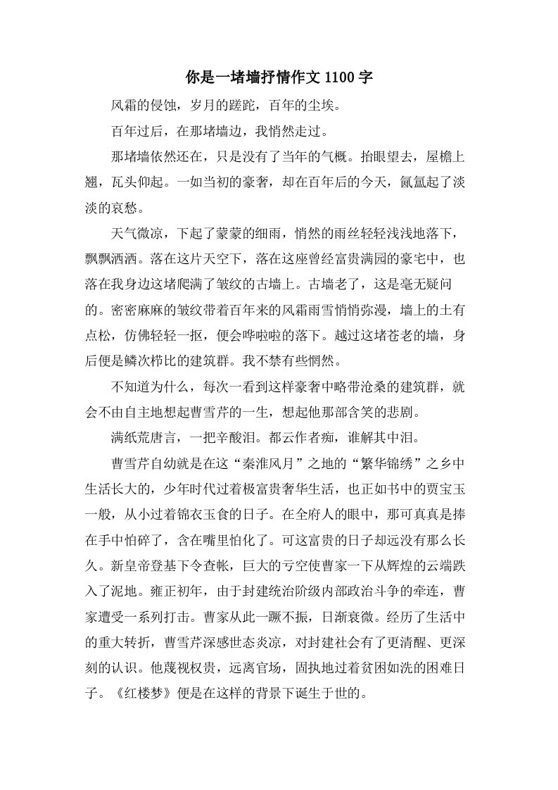 你是一堵墙抒情作文1100字