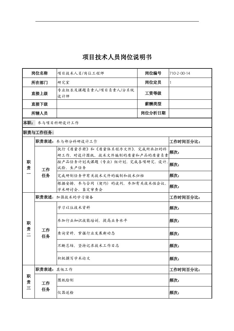 中船重工研究所项目技术人员岗位说明书