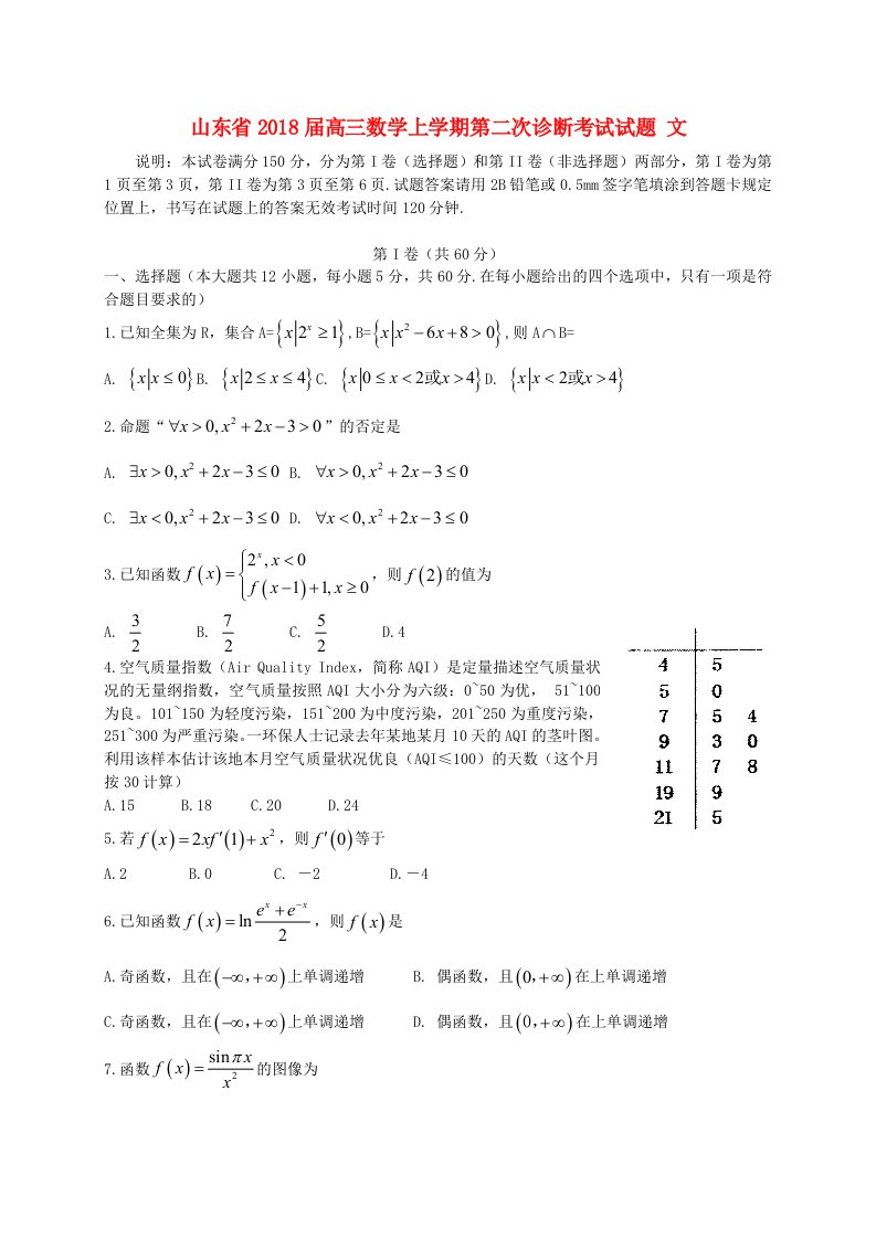 山东省2018届高三数学上学期第二次诊断考试试题文