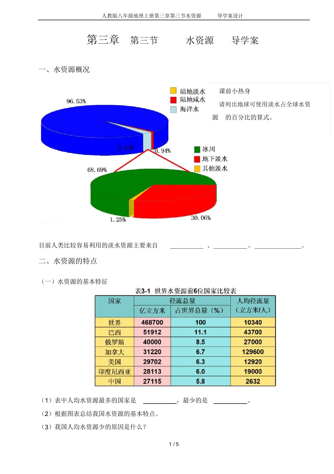 人教版八年级地理上册第三章第三节水资源导学案设计