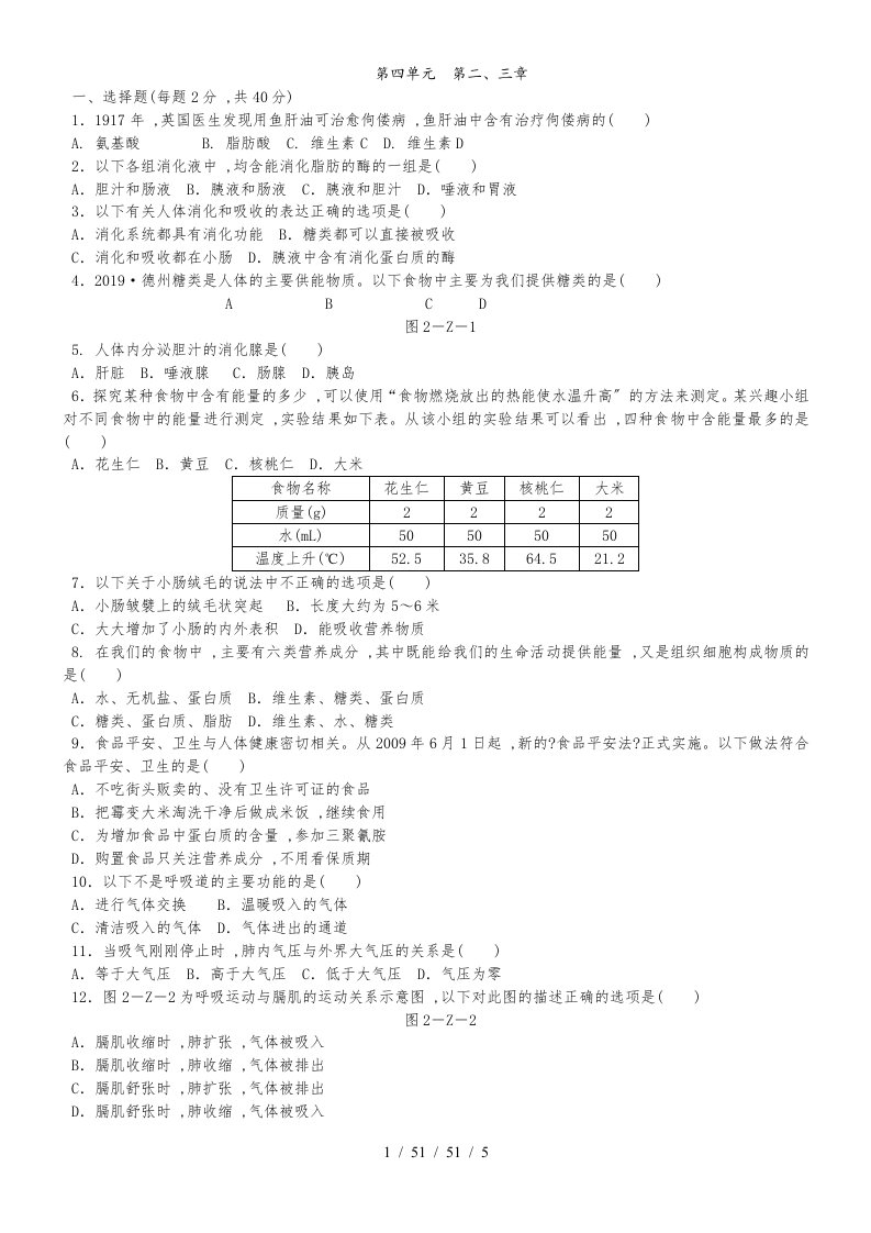 人教版七年级生物下册第四单元　第二、三章综合测试题