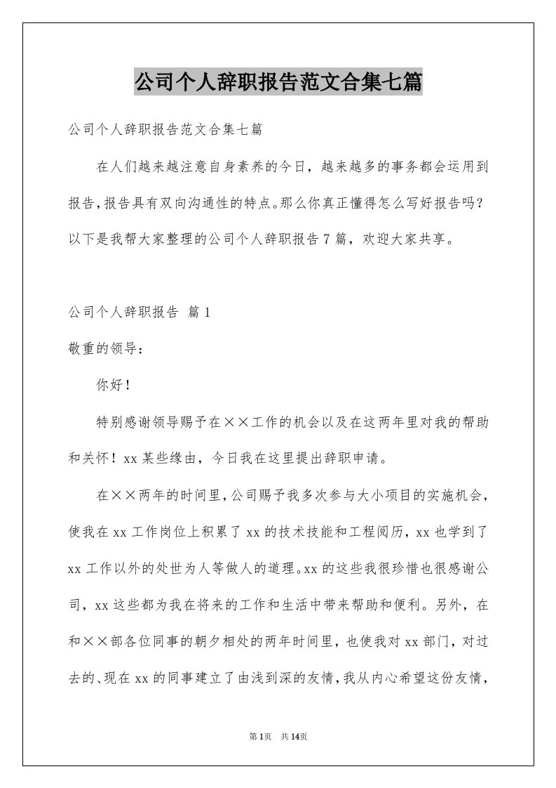 公司个人辞职报告范文合集七篇