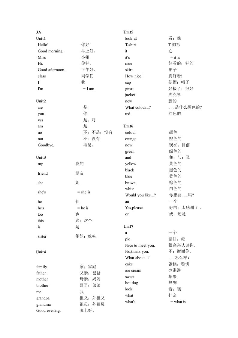 新译林版三到六年级英语词汇表