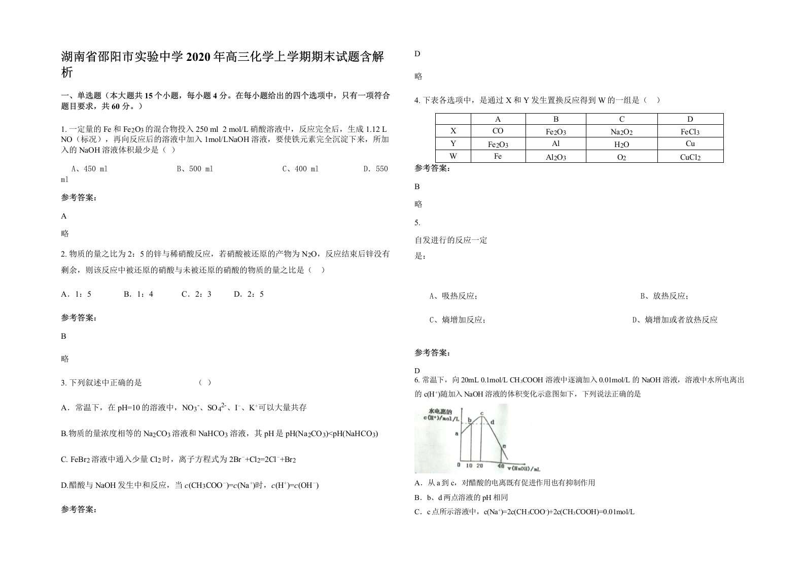 湖南省邵阳市实验中学2020年高三化学上学期期末试题含解析