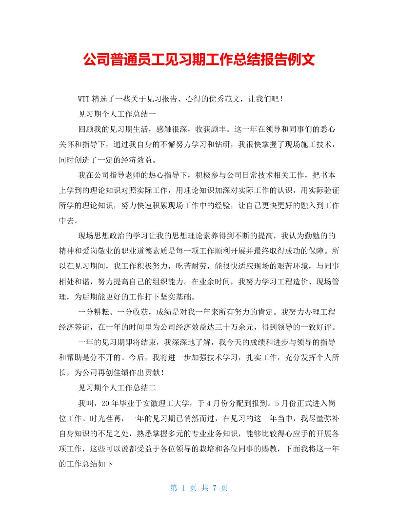 公司普通员工见习期工作总结报告例文