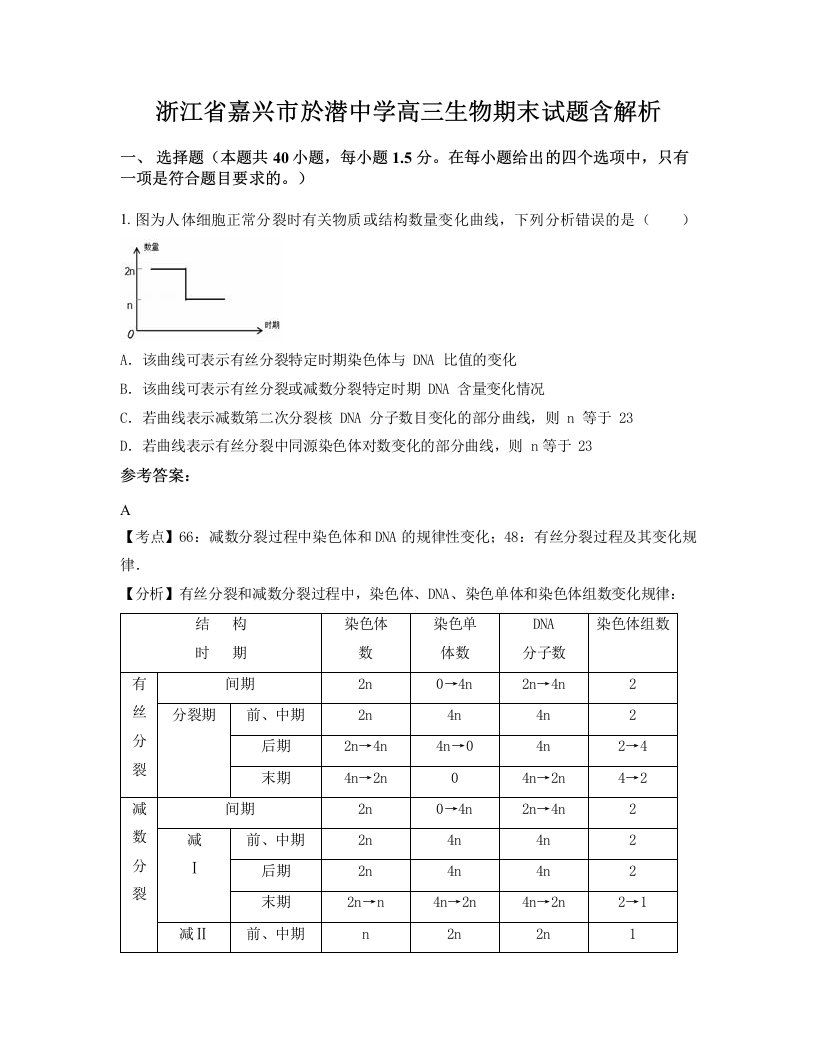 浙江省嘉兴市於潜中学高三生物期末试题含解析