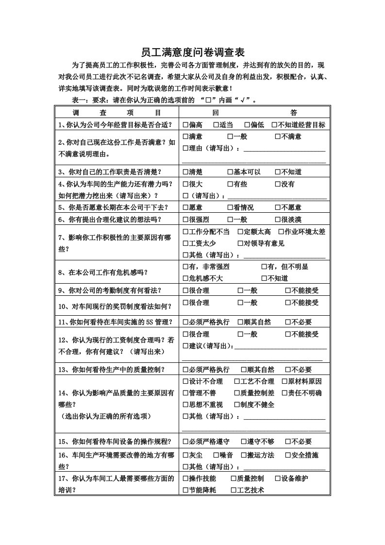 职工满意度调查表