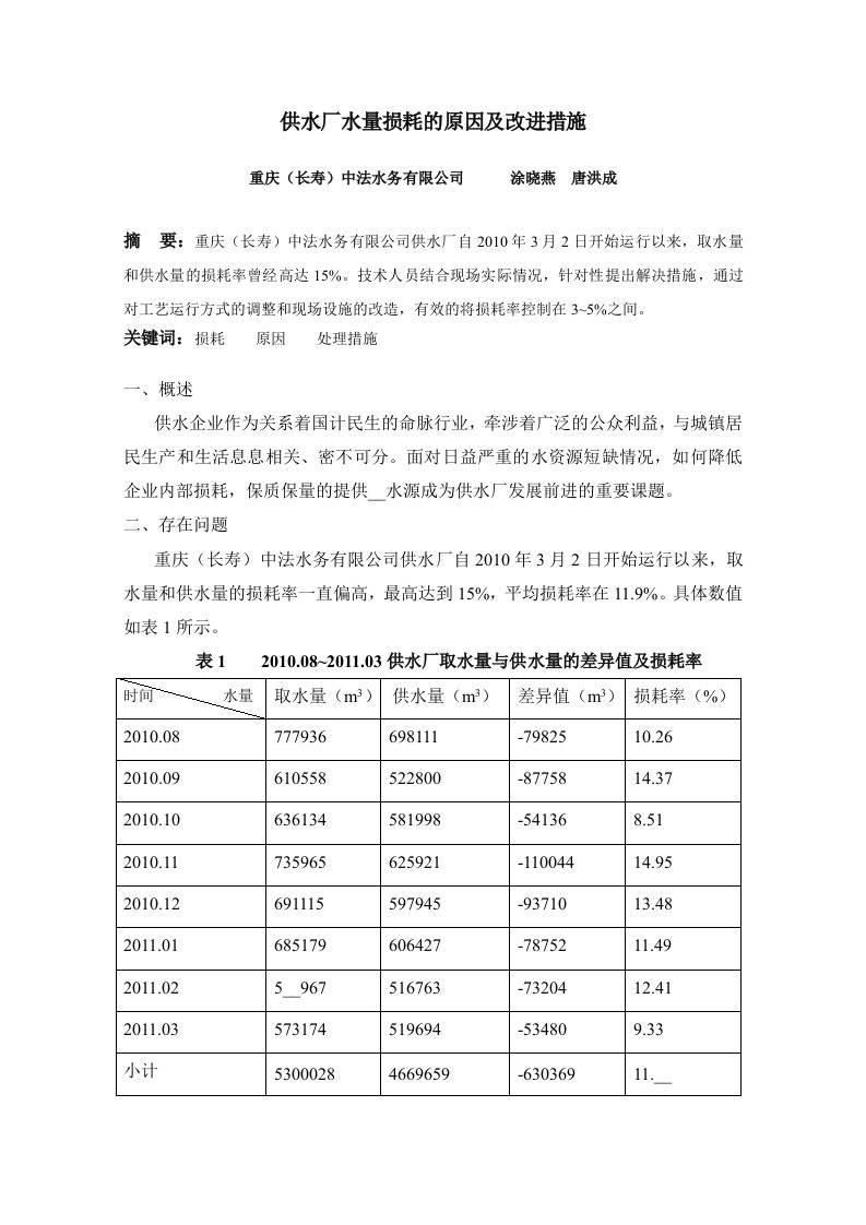 供水厂水量损耗的原因及改进措施