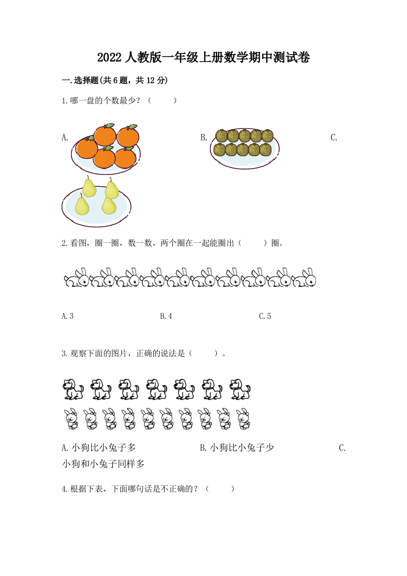 2022人教版一年级上册数学期中测试卷附答案（名师推荐）