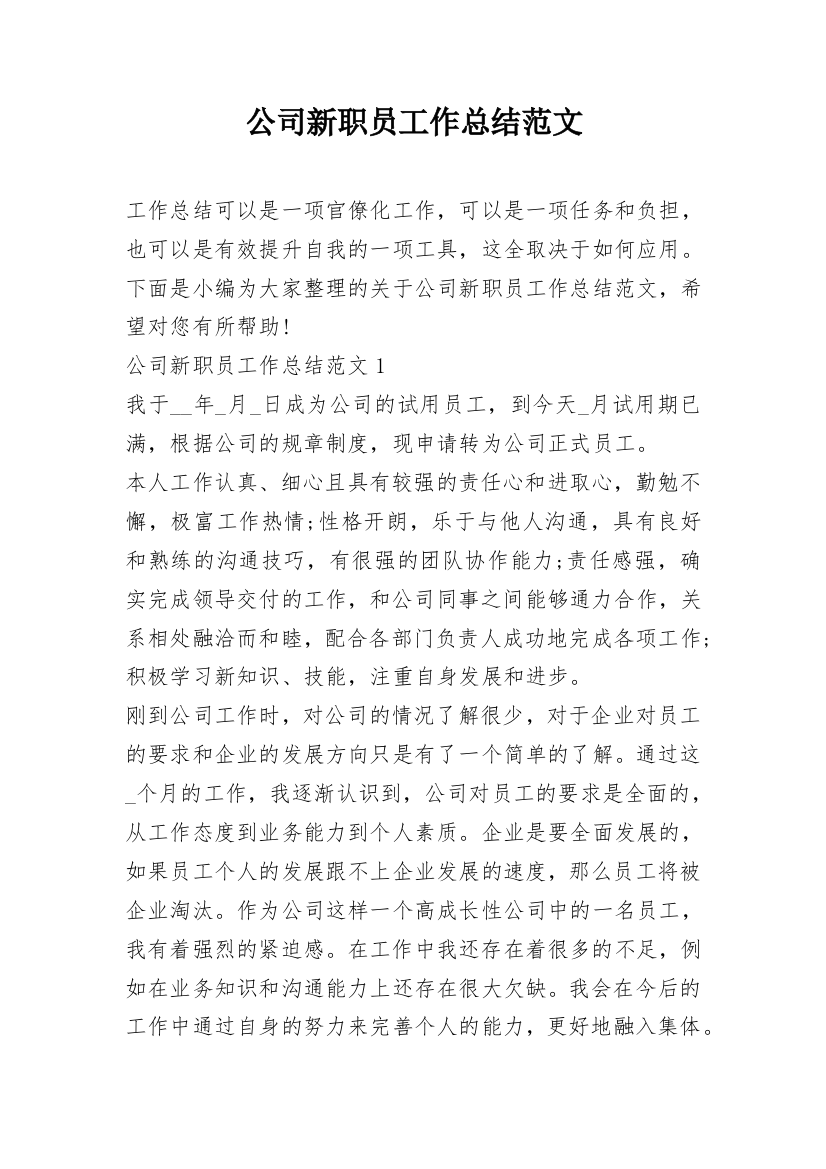 公司新职员工作总结范文_1