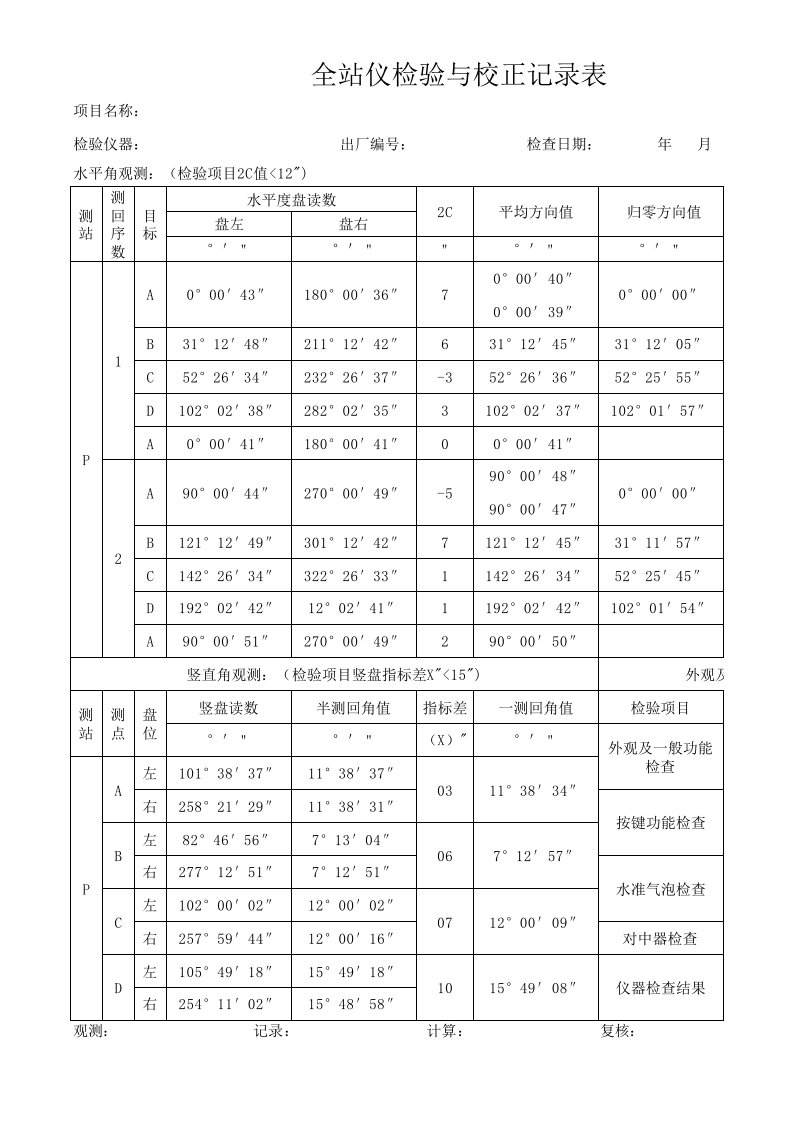 全站仪检验与校正记录表(自动生成数据)