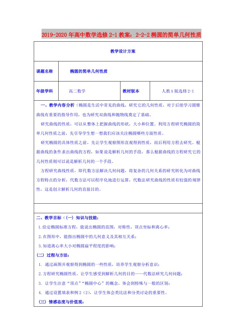 2019-2020年高中数学选修2-1教案：2-2-2椭圆的简单几何性质