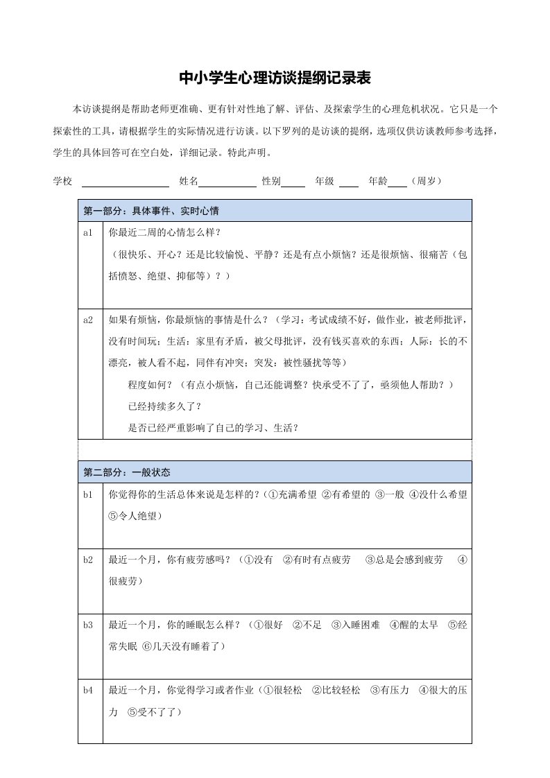 中小学生心理访谈提纲记录表